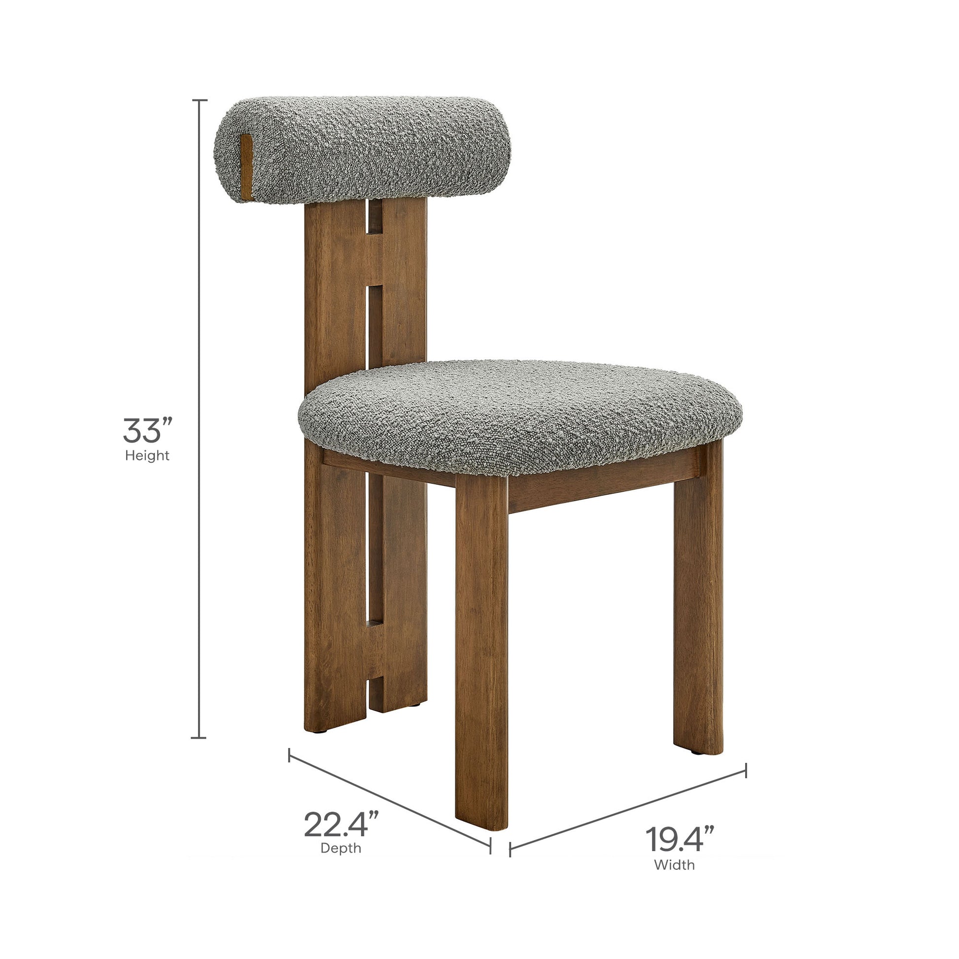 Walnut-finish wooden Torian chair with light gray textured cushions and a cylindrical back bolster.