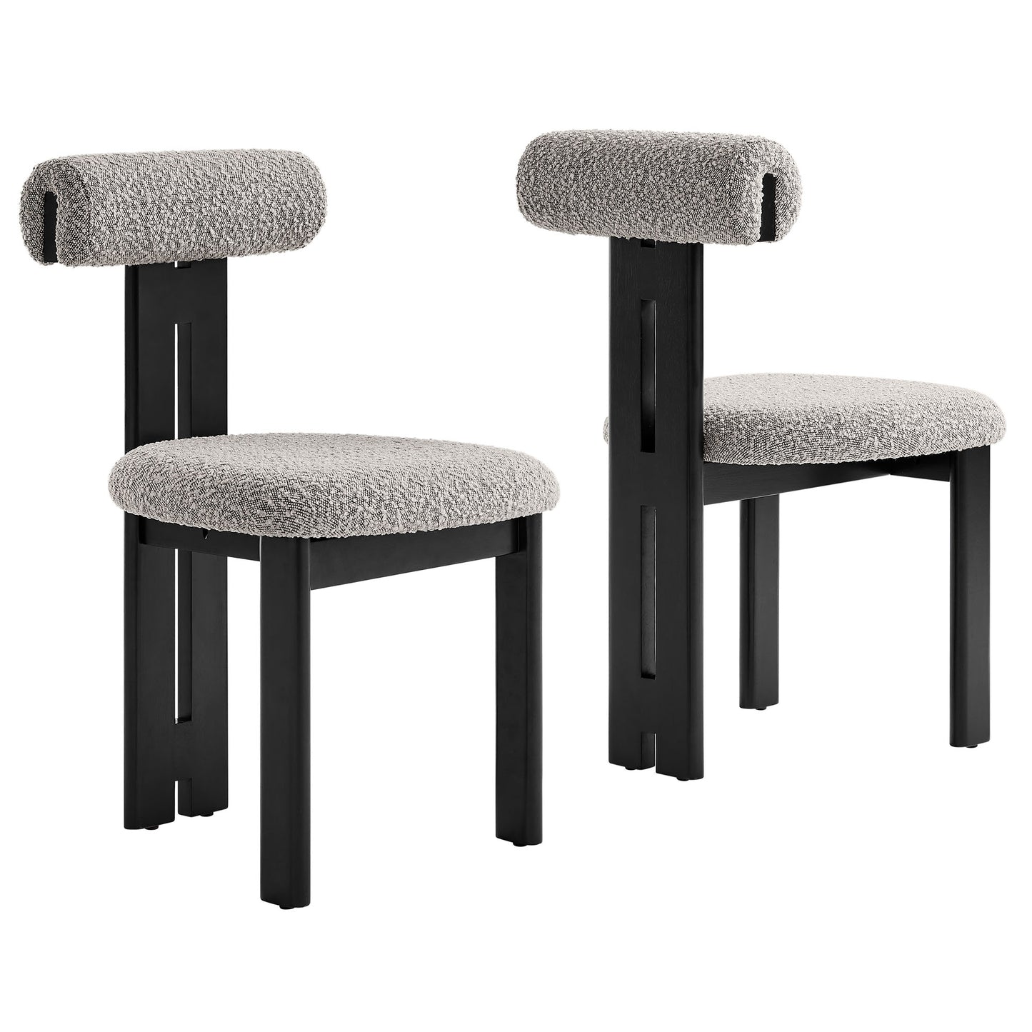 Pair of brown boucle fabric dining chairs with black sculptural frames, rounded seats and cylindrical backrests.