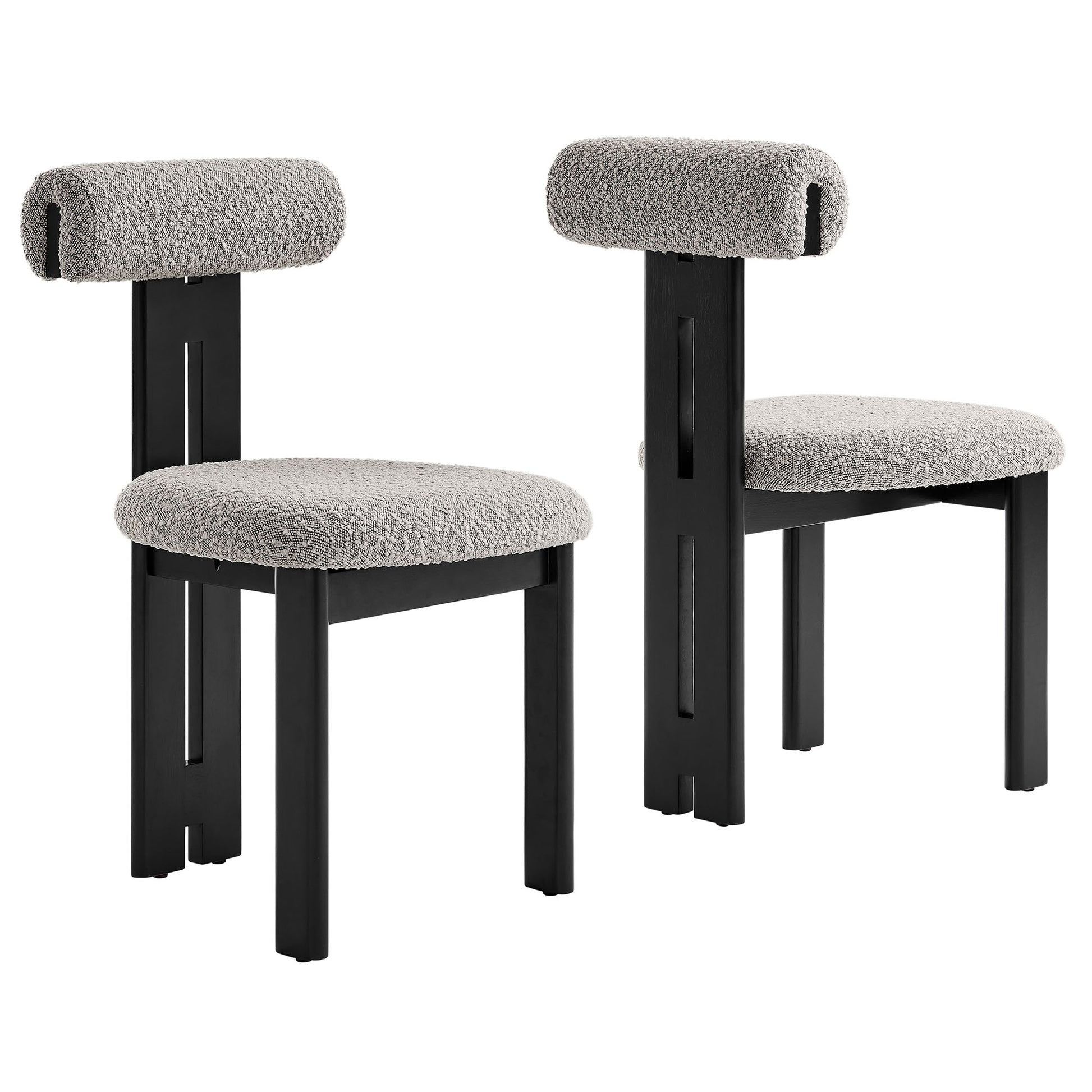 Pair of brown boucle fabric dining chairs with black sculptural frames, rounded seats and cylindrical backrests.