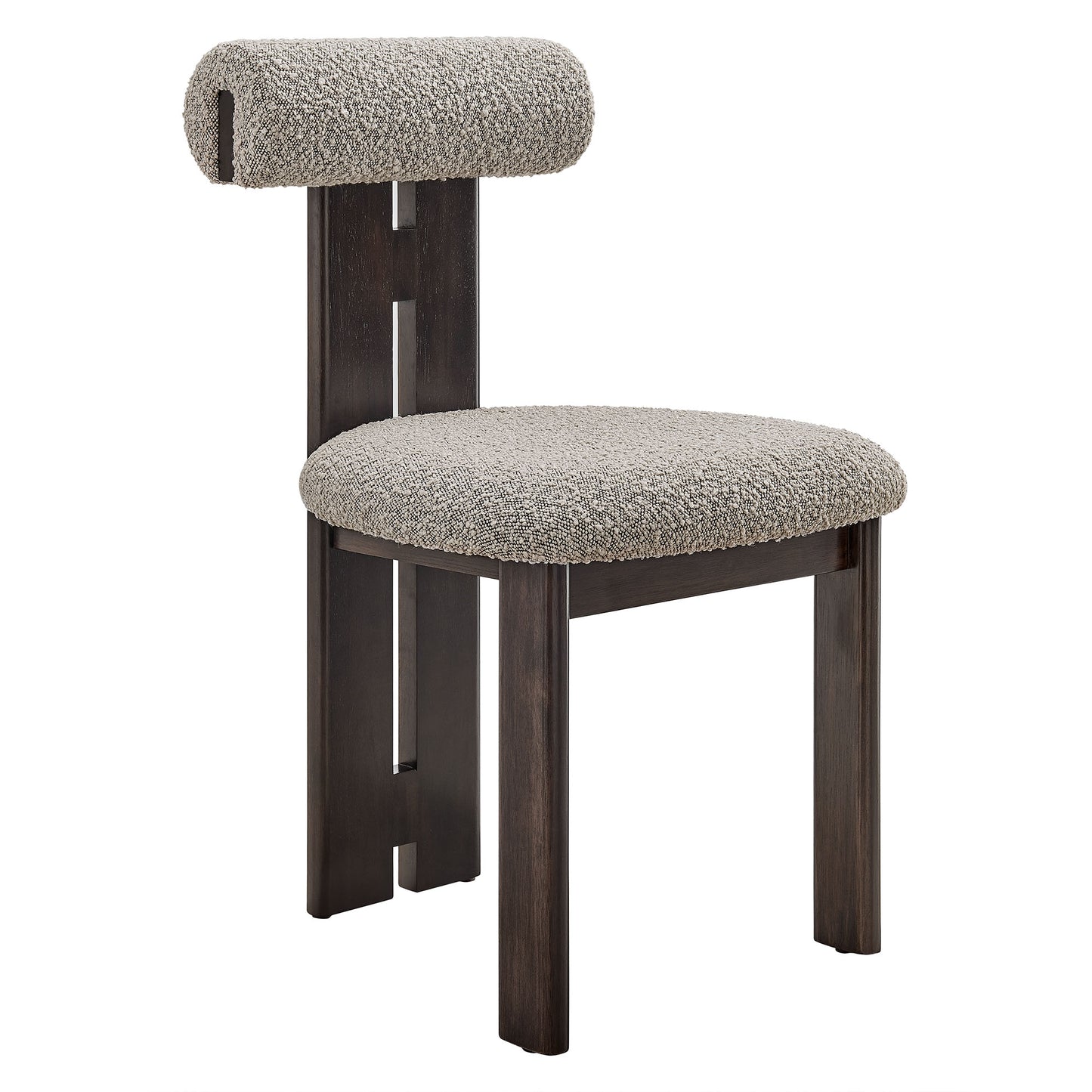 Dark wood framed dining chair with taupe boucle upholstered seat and small padded backrest.