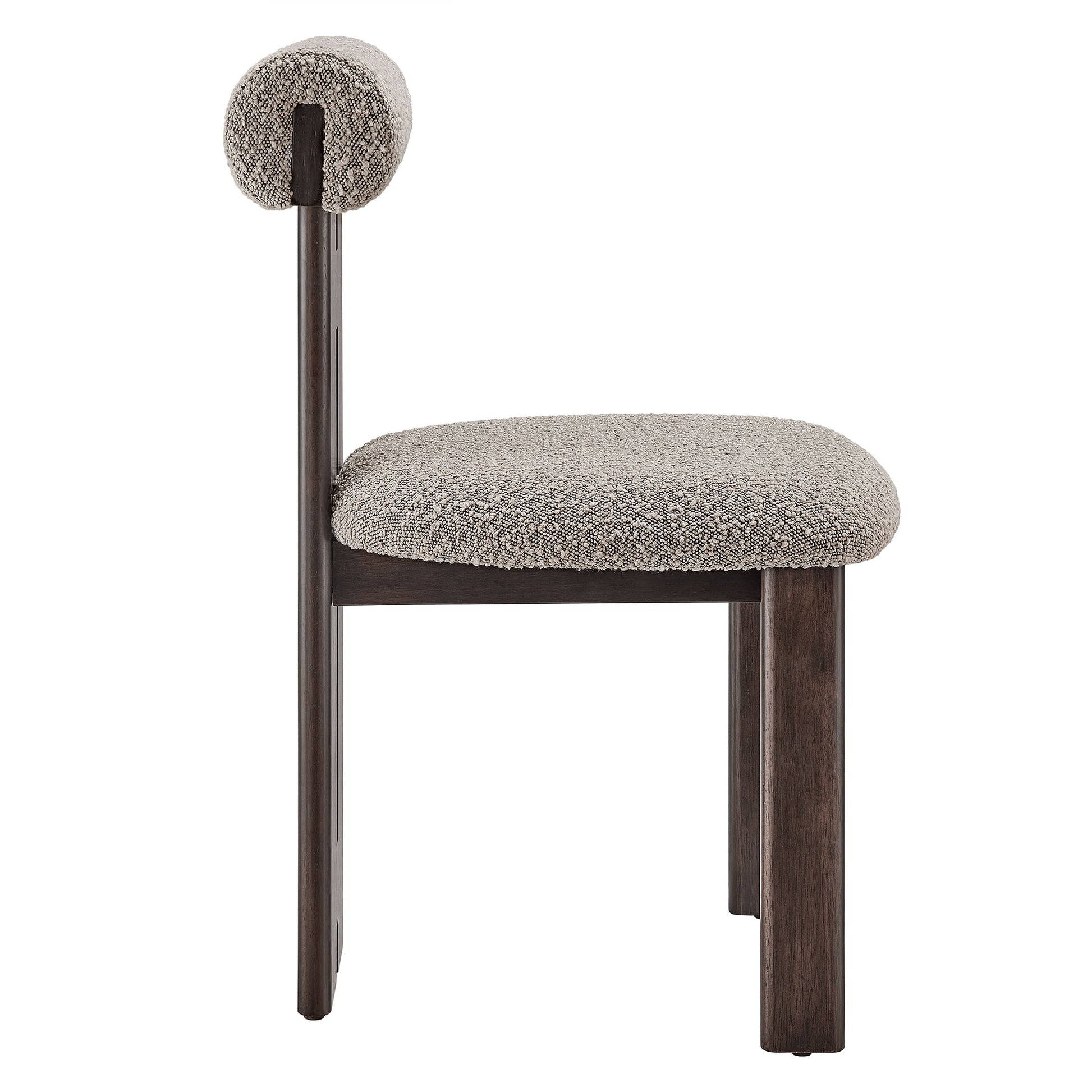 Taupe boucle upholstered dining chair with dark wood frame, rounded backrest, armless seat; set of 2.