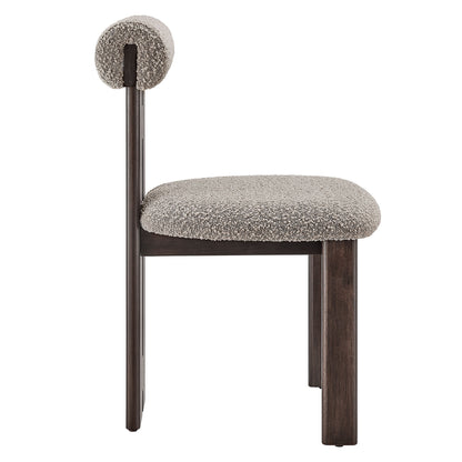 Taupe boucle upholstered dining chair with dark wood frame, rounded backrest, armless seat; set of 2.