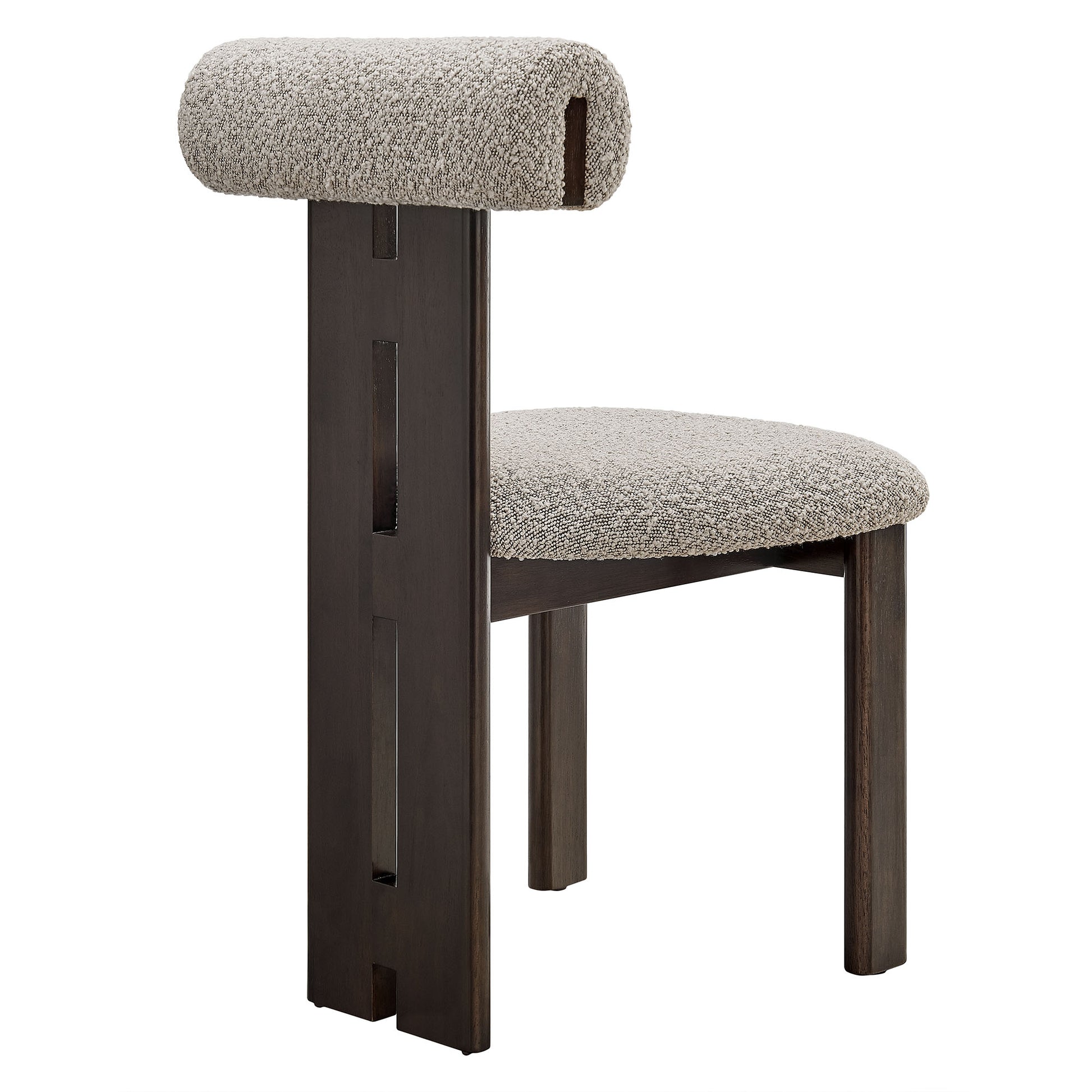 Dark wood dining chair with taupe textured fabric seat and vertical back.