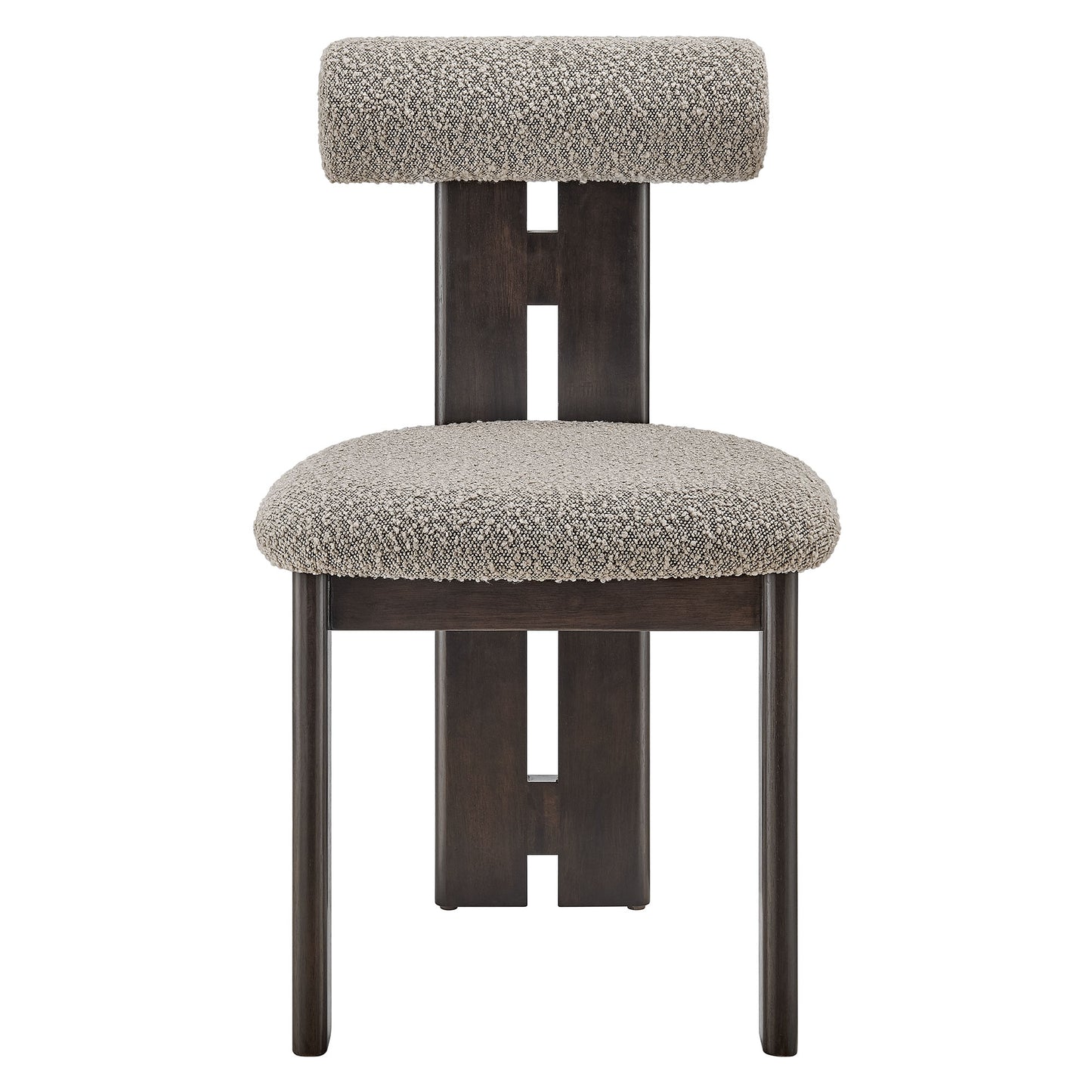 Taupe boucle upholstered dining chair with rounded seat and padded backrest on a dark wood frame; mid-century modern style.