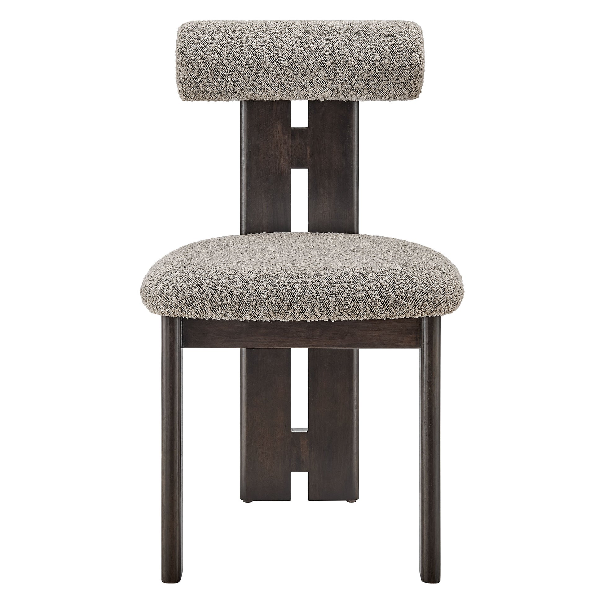 Taupe boucle upholstered dining chair with rounded seat and padded backrest on a dark wood frame; mid-century modern style.