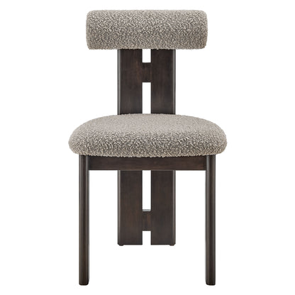 Taupe boucle upholstered dining chair with rounded seat and padded backrest on a dark wood frame; mid-century modern style.