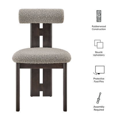 Taupe boucle upholstered dining chair with dark rubberwood frame; armless, compact design; assembly required.