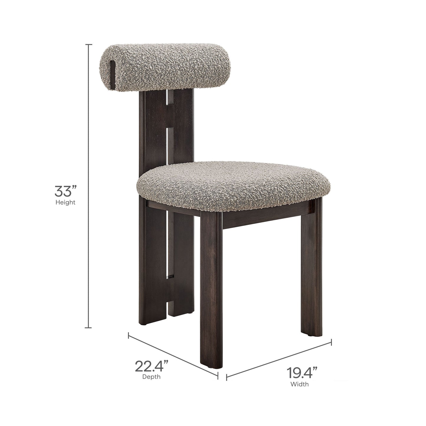 Dark wood-frame dining chair with taupe boucle upholstery & cylindrical back cushion.