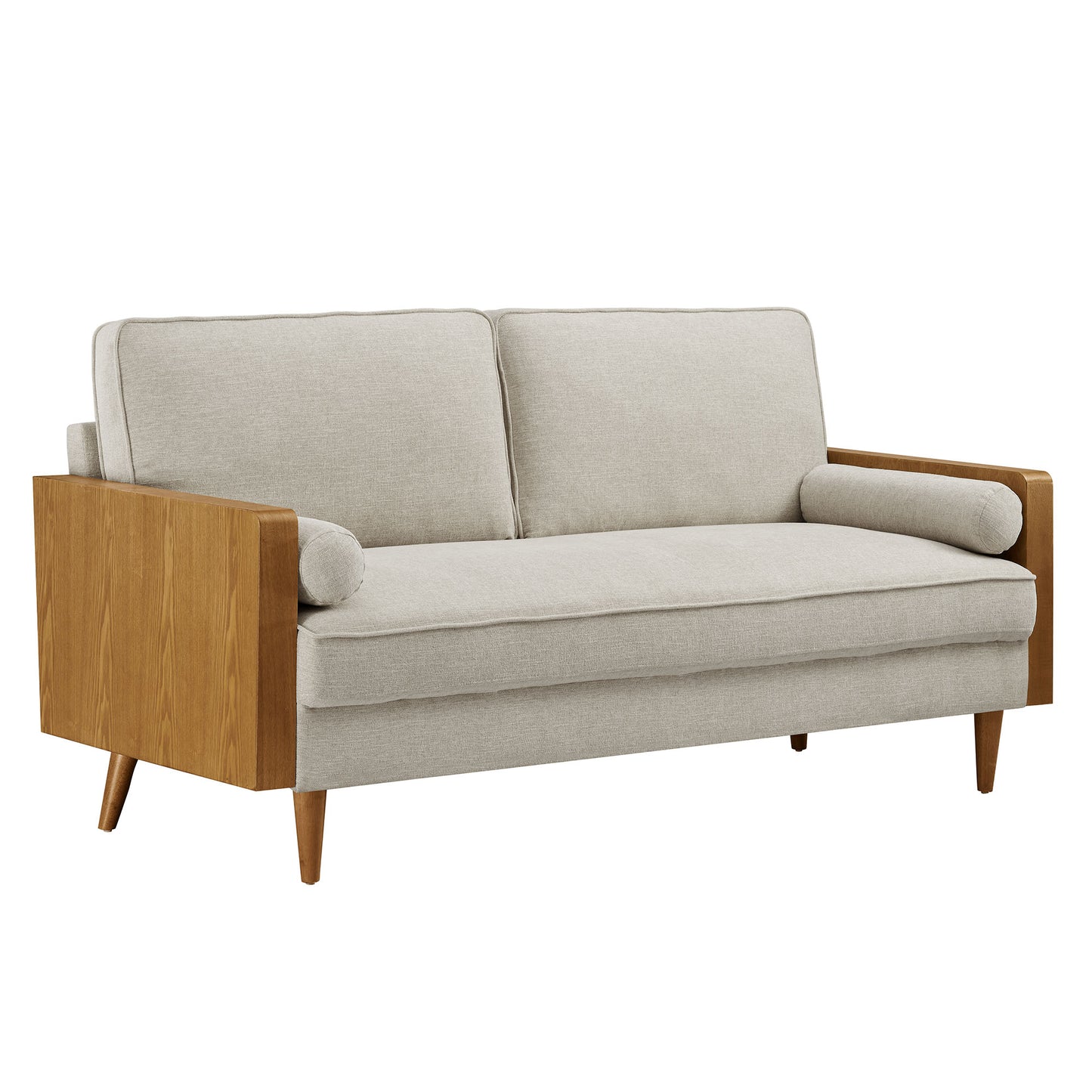 Mid-century walnut wood framed sofa in beige fabric with rounded arm bolsters, two back cushions, tapered legs.