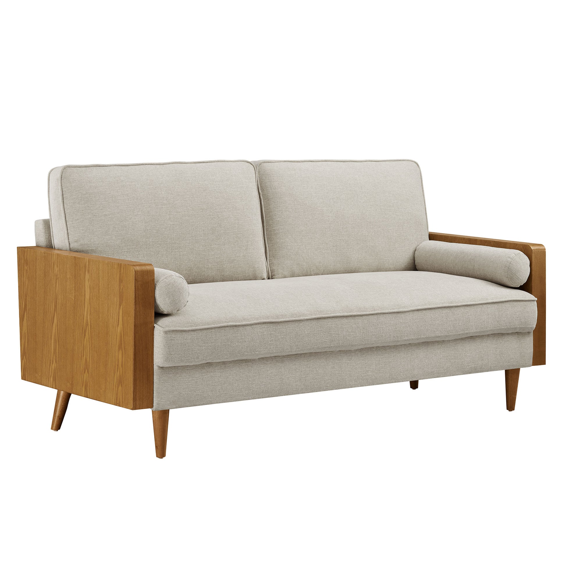 Mid-century walnut wood framed sofa in beige fabric with rounded arm bolsters, two back cushions, tapered legs.