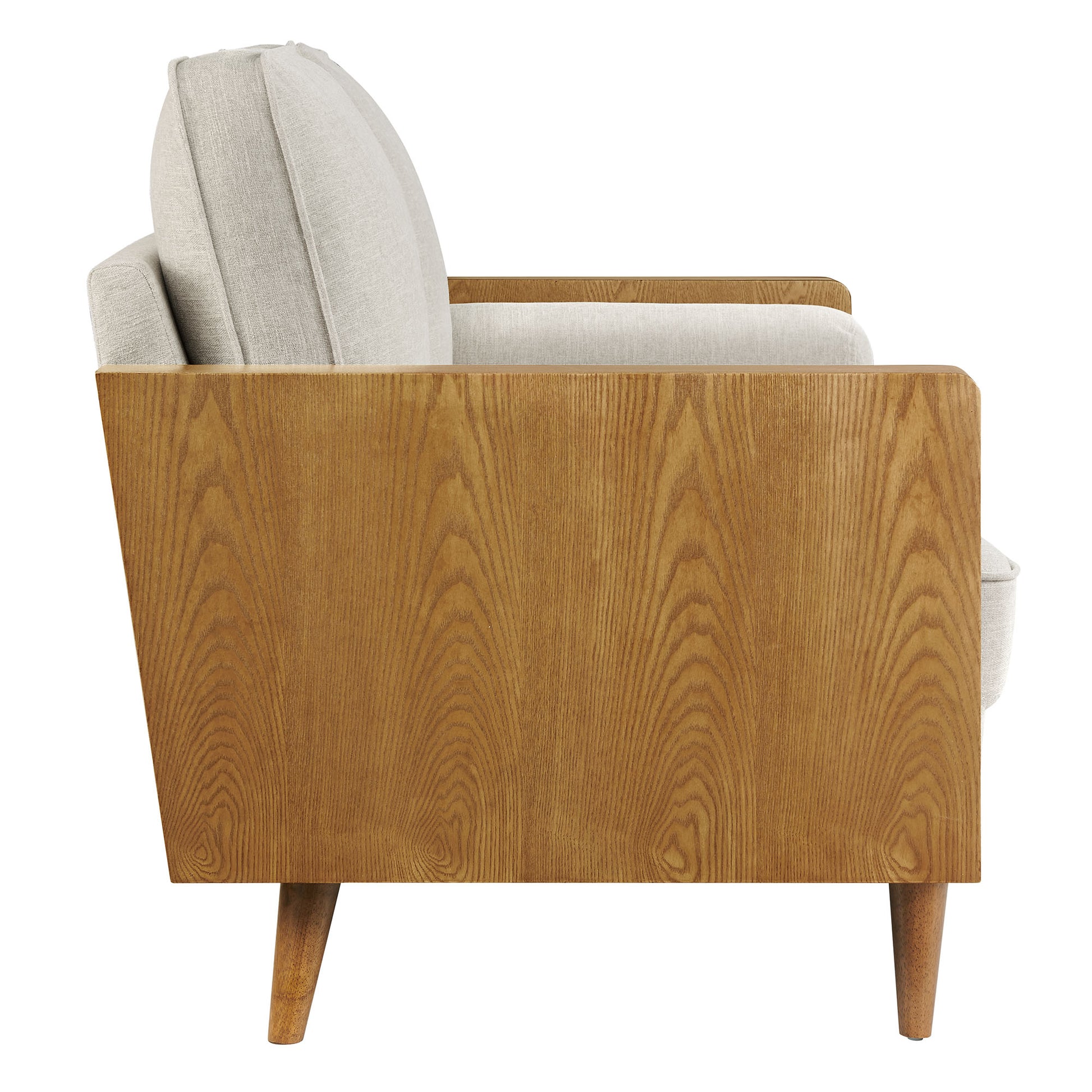 Mid-century walnut wood sofa with heathered fabric upholstery and tapered legs.