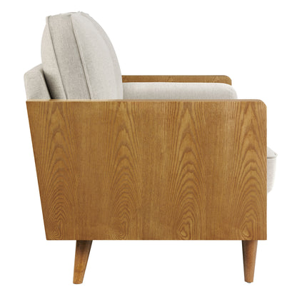 Mid-century walnut wood sofa with heathered fabric upholstery and tapered legs.
