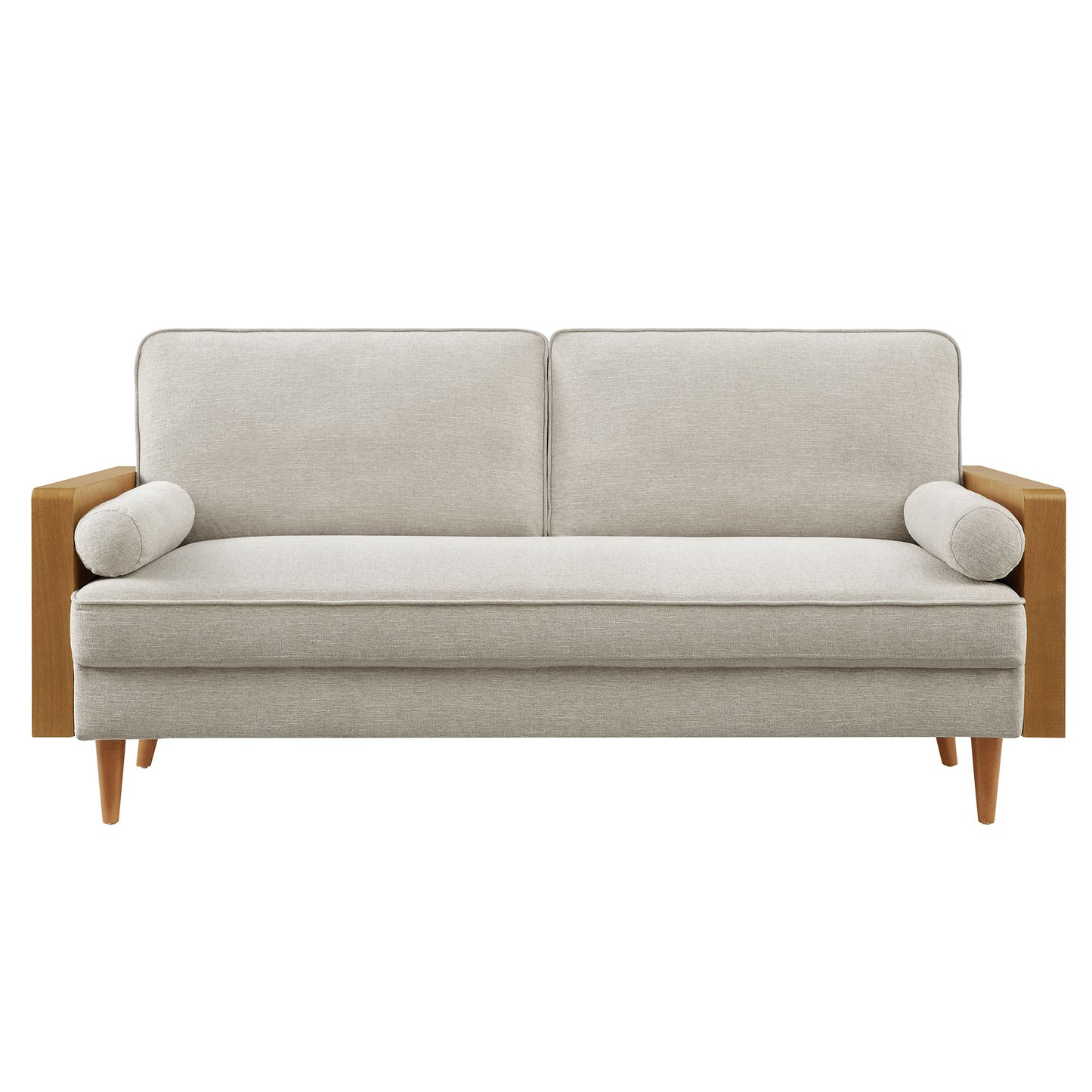 Beige fabric 2-seat sofa with wooden block arms, tapered legs, and cylindrical bolster cushions.