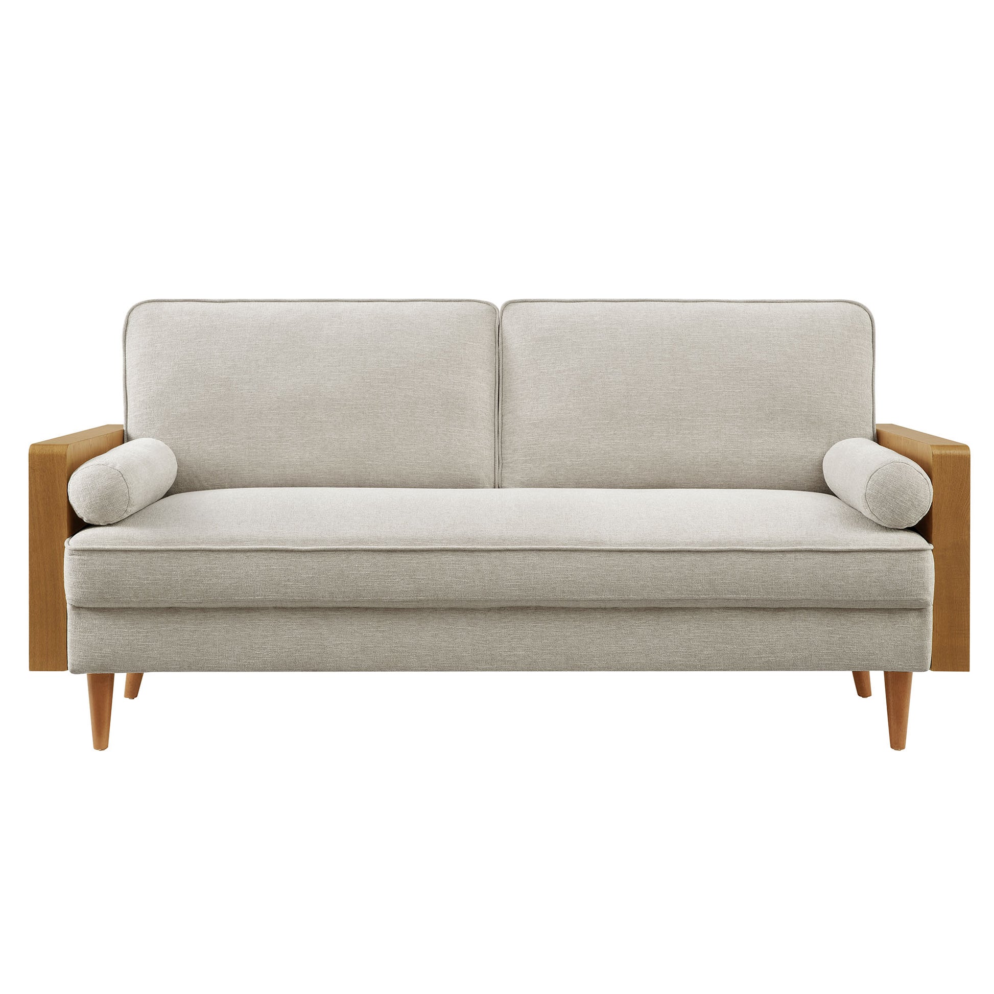 Beige fabric 2-seat sofa with wooden block arms, tapered legs, and cylindrical bolster cushions.