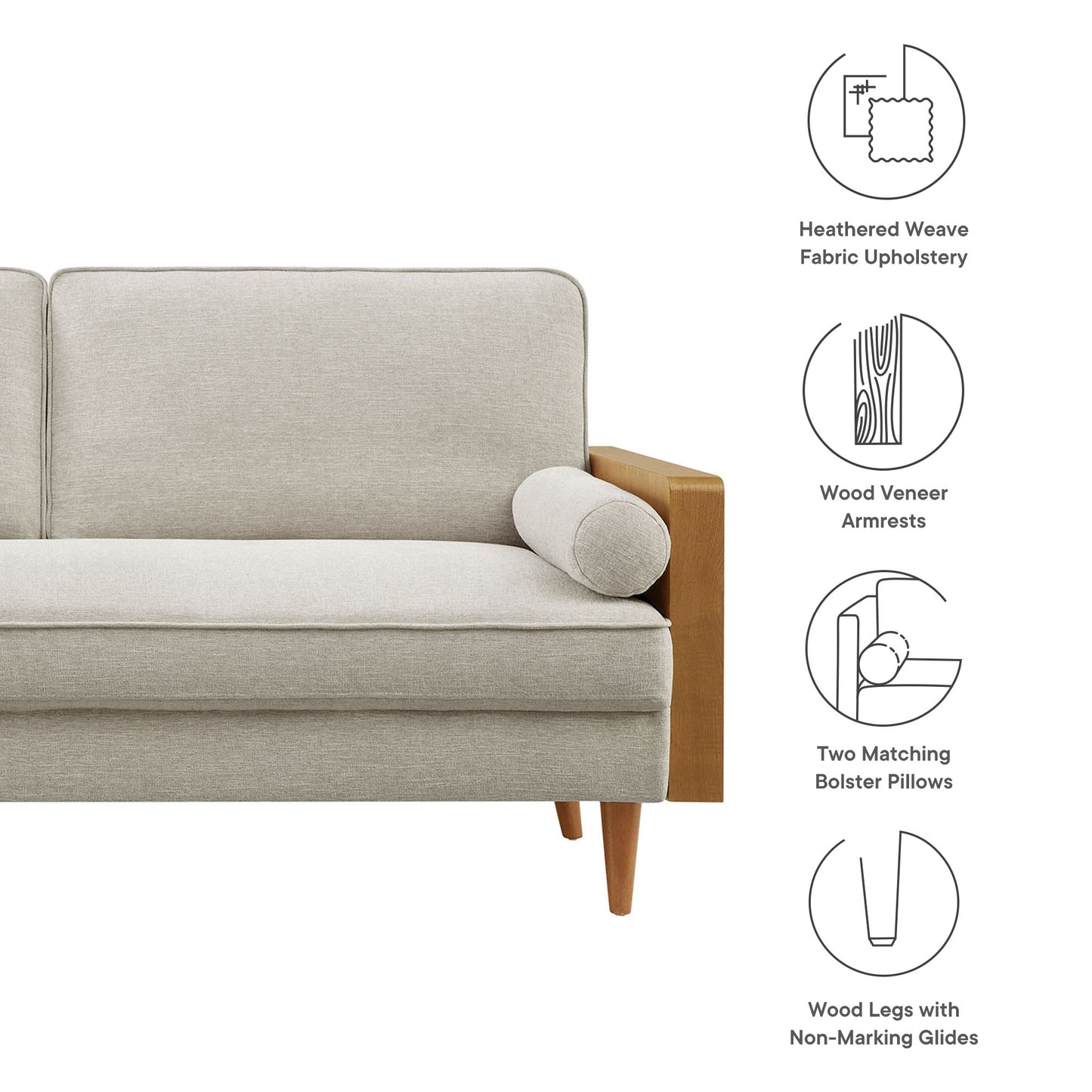 Kellan sofa in heathered fabric with walnut veneer armrests, two matching bolster pillows, and tapered wood legs.
