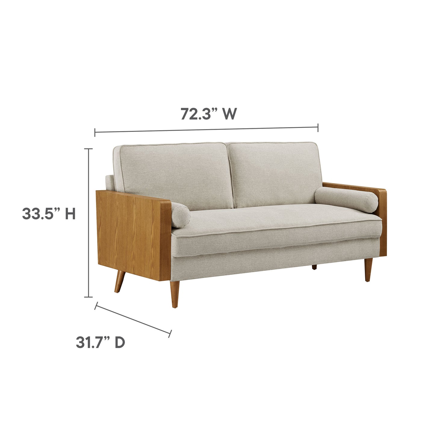 Mid-century modern sofa in light gray fabric with walnut wood arms and tapered legs; 72.3W x 33.5H x 31.7D.