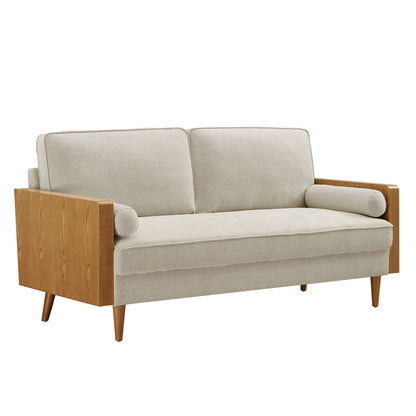 Mid-century walnut-frame sofa in brown heathered fabric, two back cushions, cylindrical bolster arms, tapered legs.