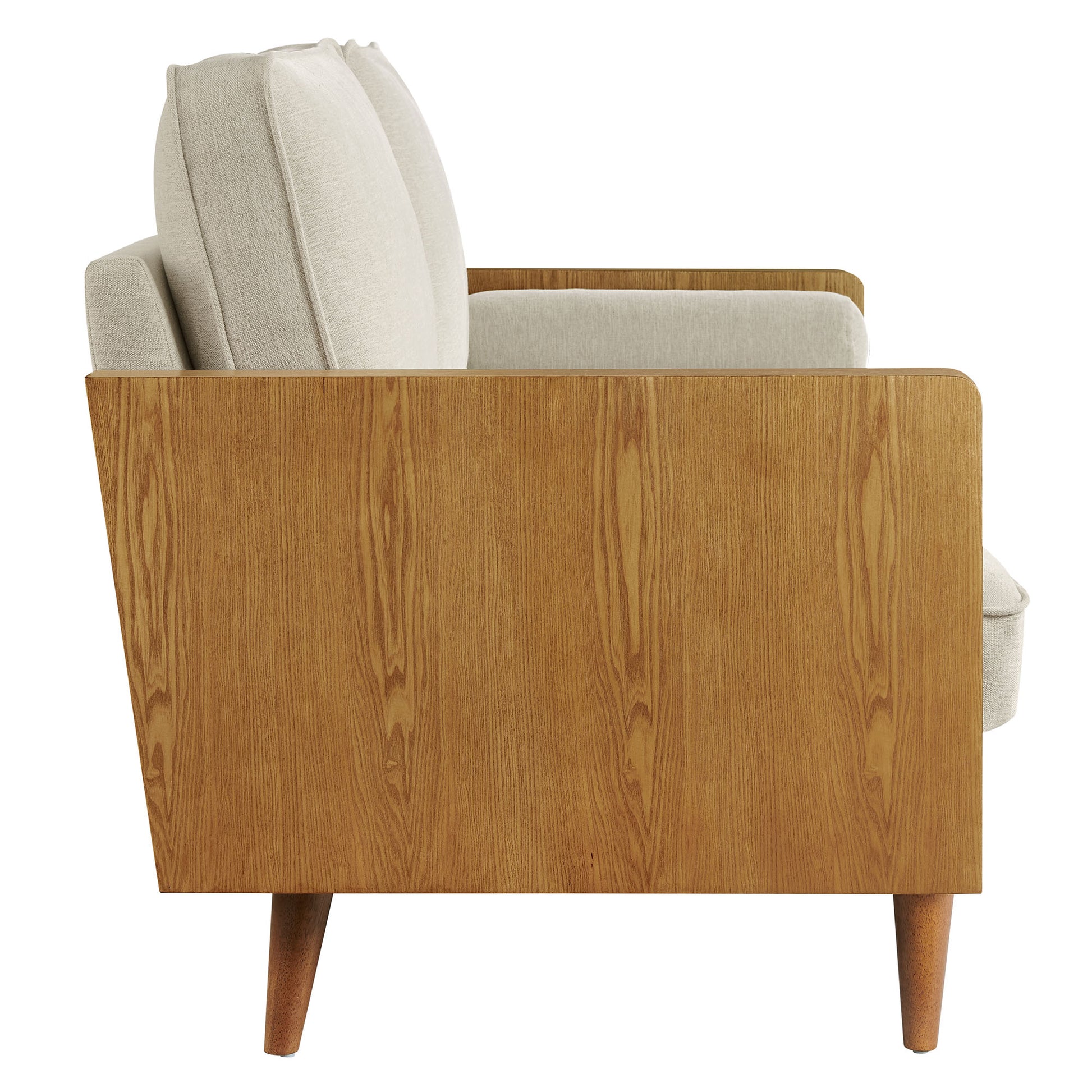 Mid-century walnut wood sofa with brown heathered fabric upholstery and cushions, side view.