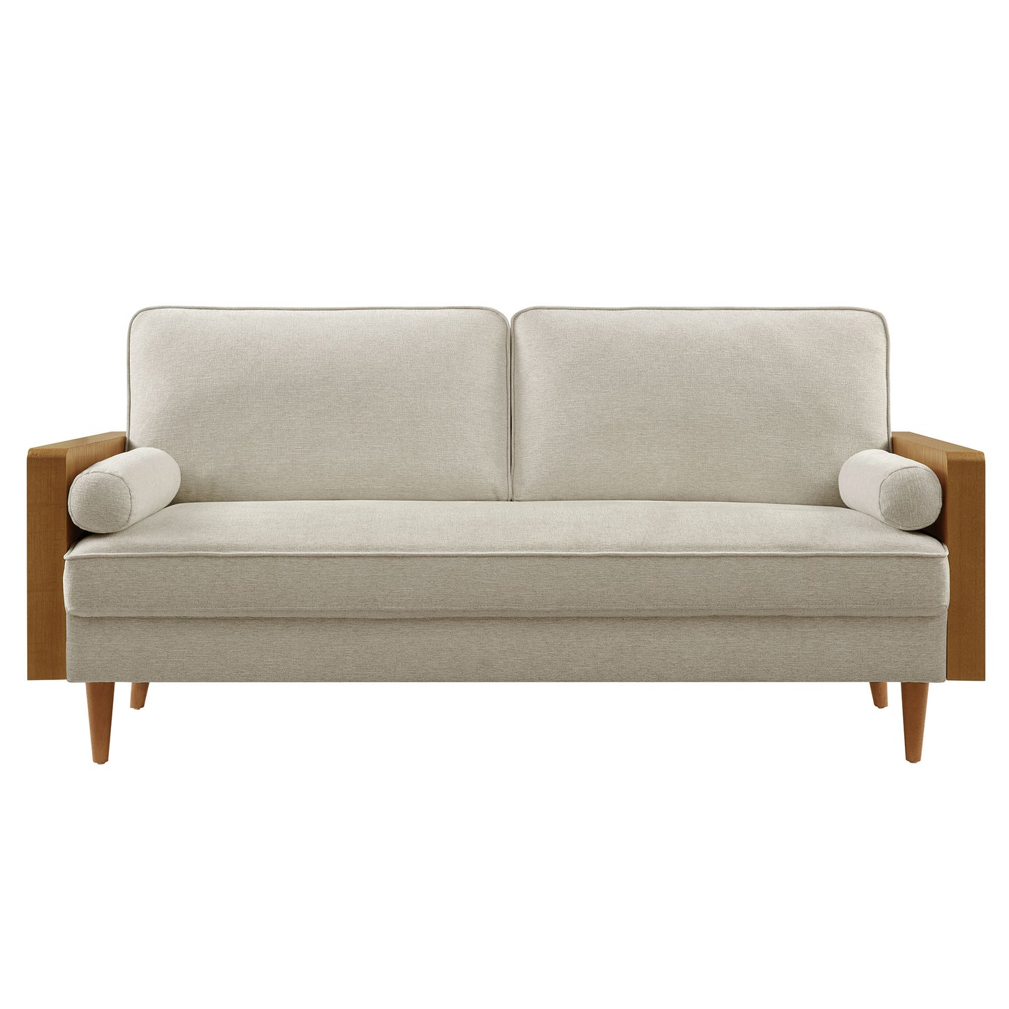 Brown heathered fabric sofa with walnut wood arms, twin back cushions, tapered legs, and cylindrical bolster pillows.