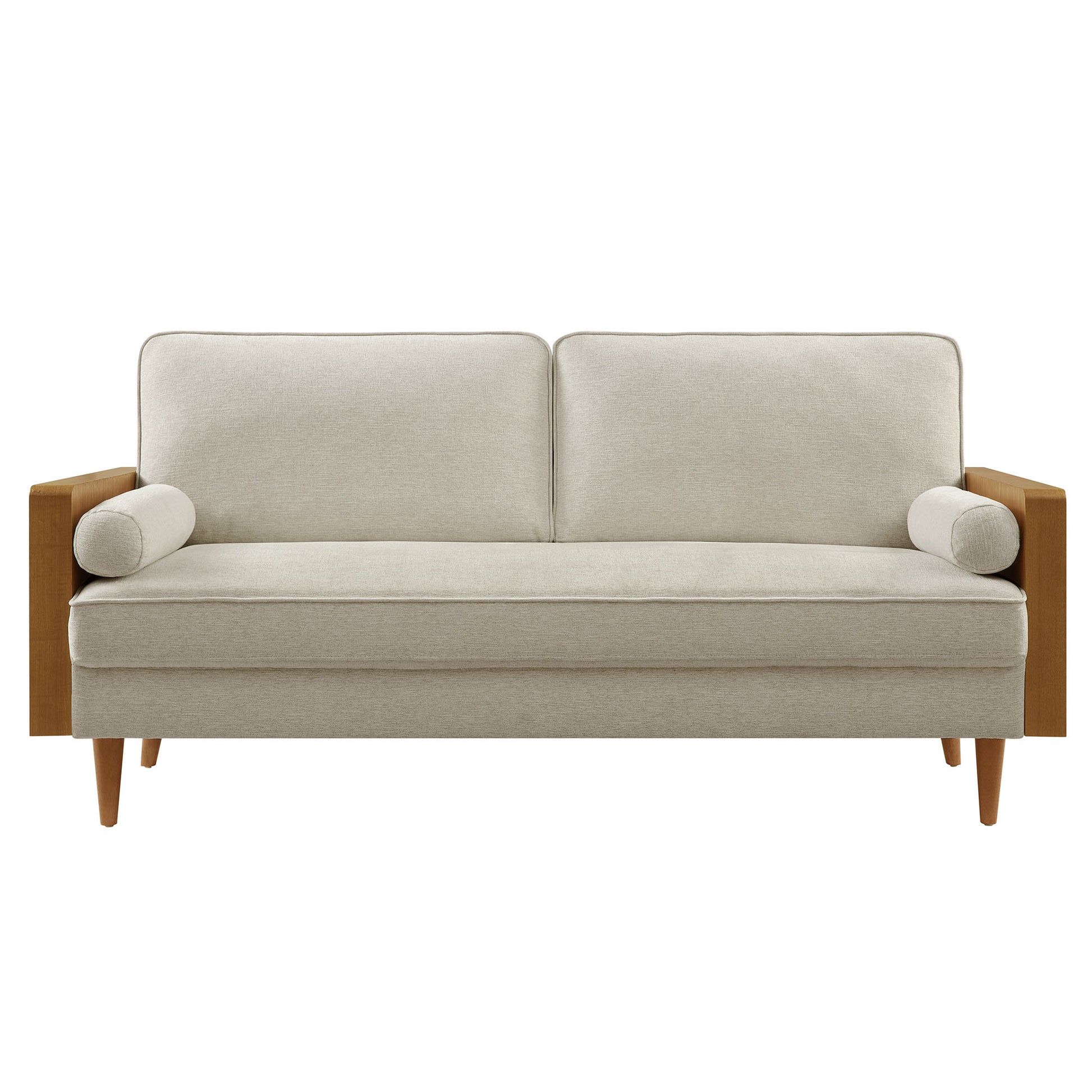 Brown heathered fabric sofa with walnut wood arms, twin back cushions, tapered legs, and cylindrical bolster pillows.