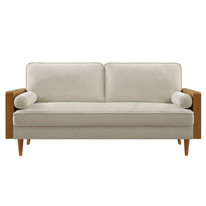 Brown heathered fabric sofa with walnut wood arms, twin back cushions, tapered legs, and cylindrical bolster pillows.