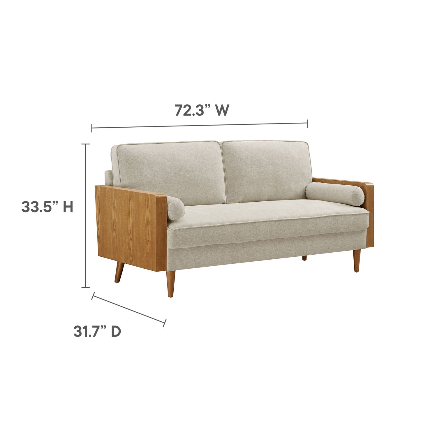 Brown heathered fabric sofa with wood arm panels, tapered legs and two bolsters; mid-century style, 72.3W x 33.5H x 31.7D.