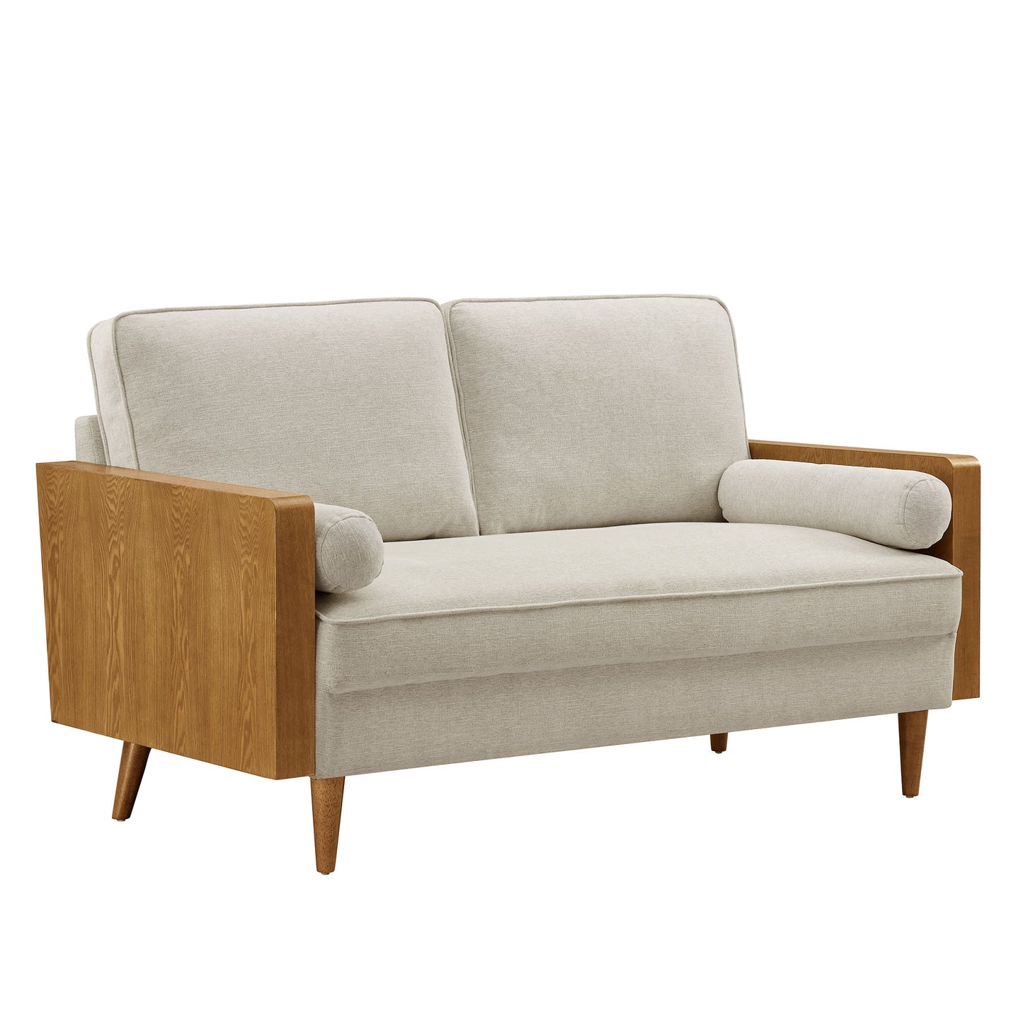 Brown fabric loveseat with walnut wood arms and tapered legs, mid-century modern design, with cylindrical bolster pillows.