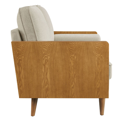 Mid-century style loveseat with brown heathered weave fabric upholstery and tapered legs.