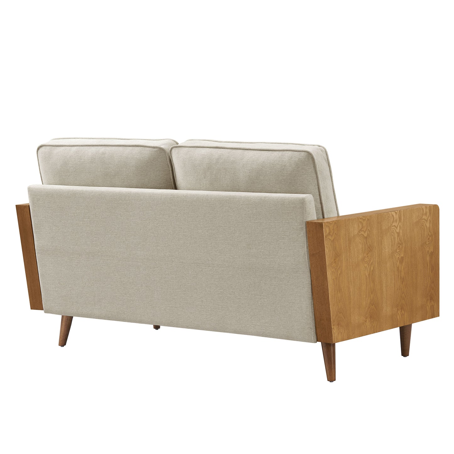Back view of a mid-century modern brown fabric loveseat with walnut wood arms and tapered legs.