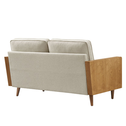 Back view of a mid-century modern brown fabric loveseat with walnut wood arms and tapered legs.