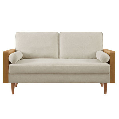 Brown heathered weave fabric loveseat with walnut wood arms, two back cushions and two cylindrical bolster pillows.