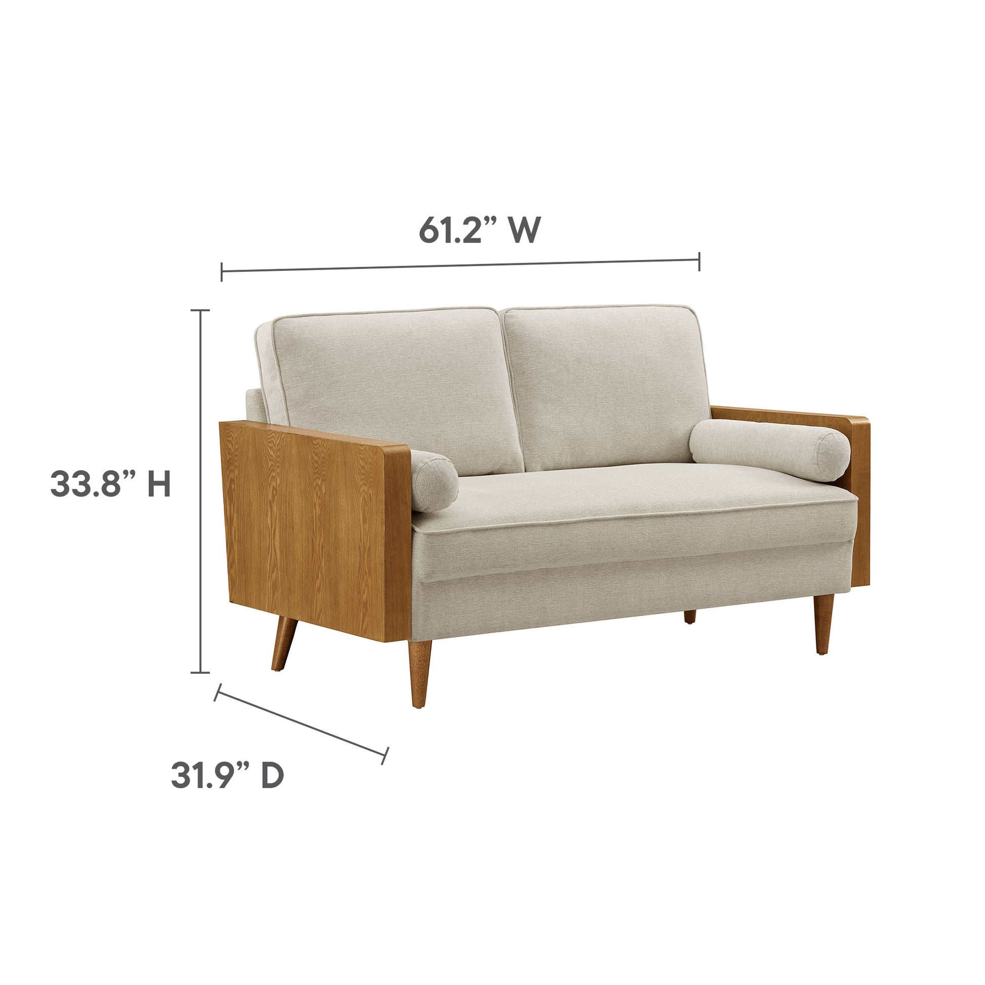Beige upholstered loveseat with walnut wood frame & tapered legs; 61.2 in W x 33.8 in H x 31.9 in D.