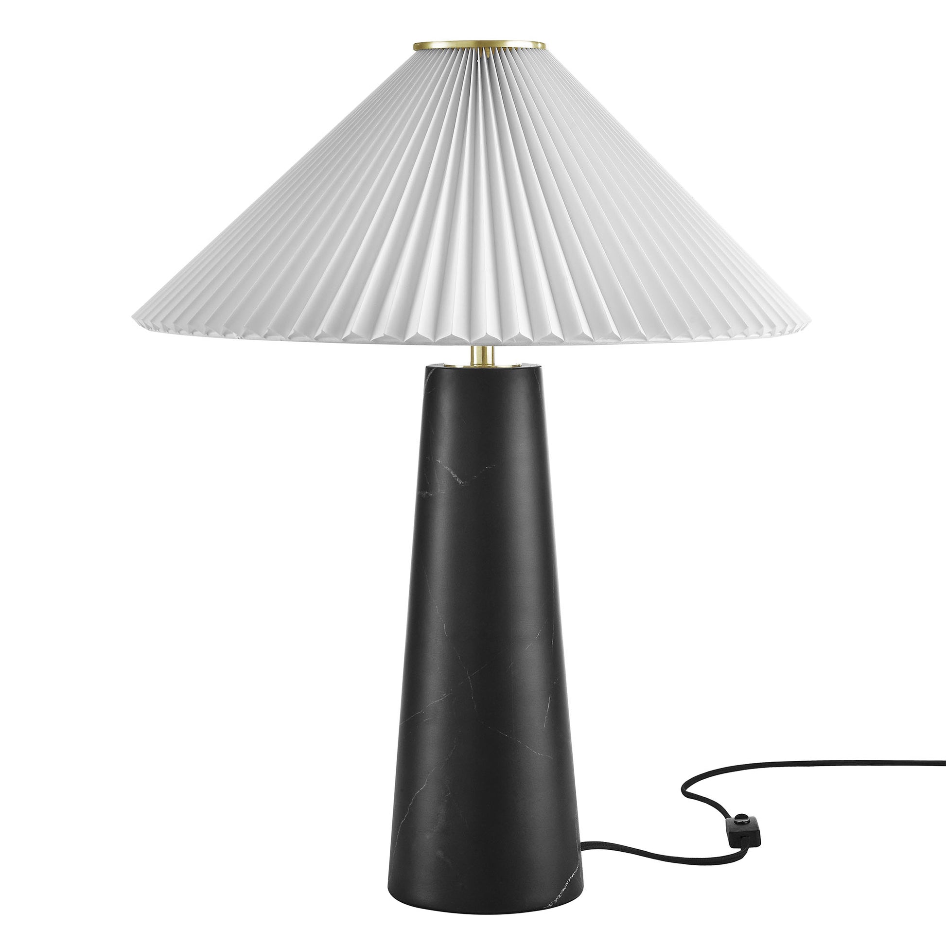Black marble table lamp with tapered silhouette, white pleated fabric shade, and gold neck; corded.