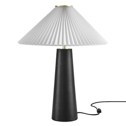 Black marble table lamp with tapered silhouette, white pleated fabric shade, and gold neck; corded.