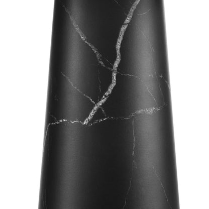 Black marble-look table lamp with gray-white veining, tall cylindrical silhouette.