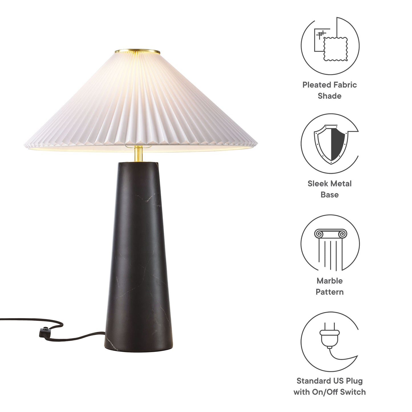 Black marble table lamp with white pleated fabric shade and brass top accent, mid-century style.