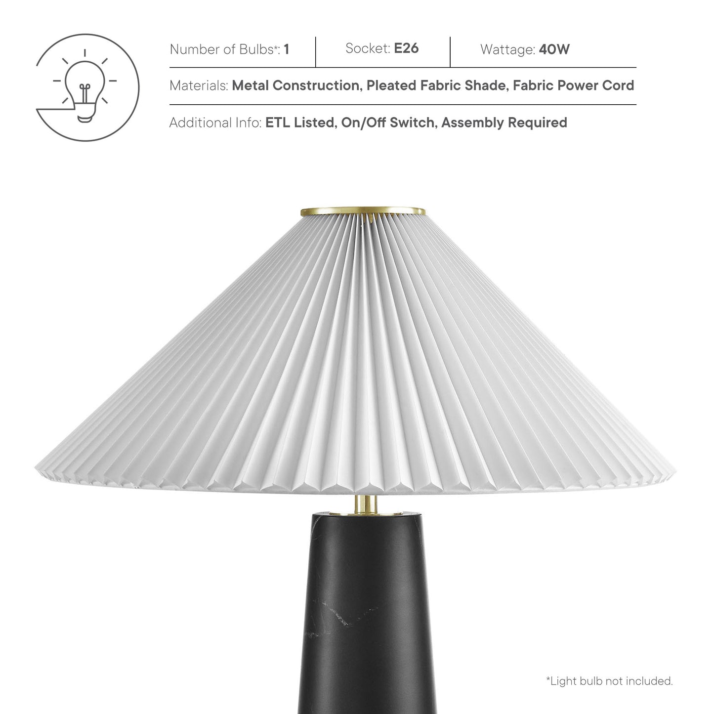 Black marble table lamp with a white pleated fabric cone shade & brass top rim.