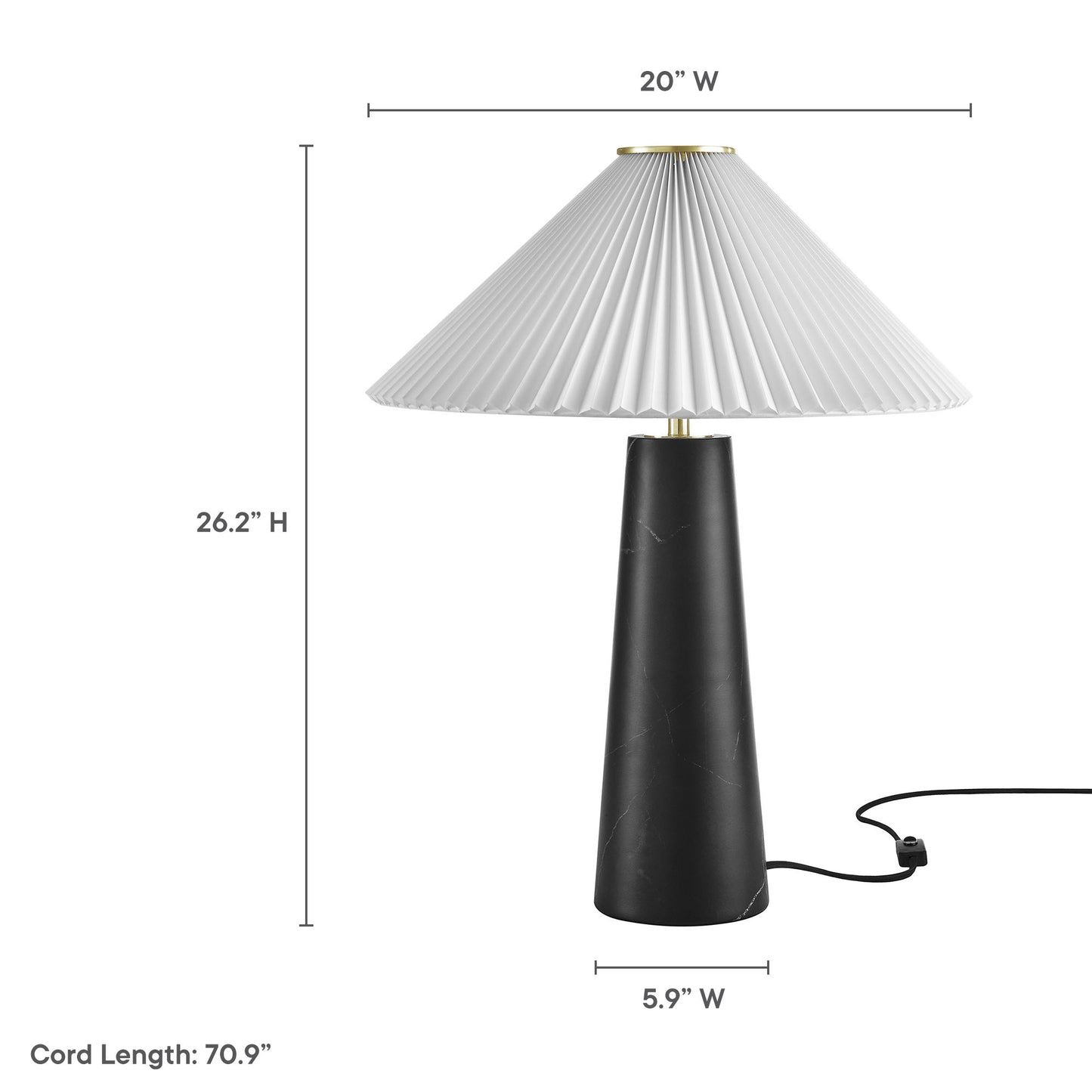 Black tapered base table lamp with a white pleated conical shade and brass accent ring.