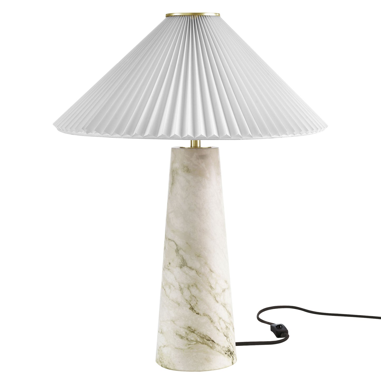 White marble tapered-base table lamp with cone-shaped pleated shade, brass accent, exposed cord.