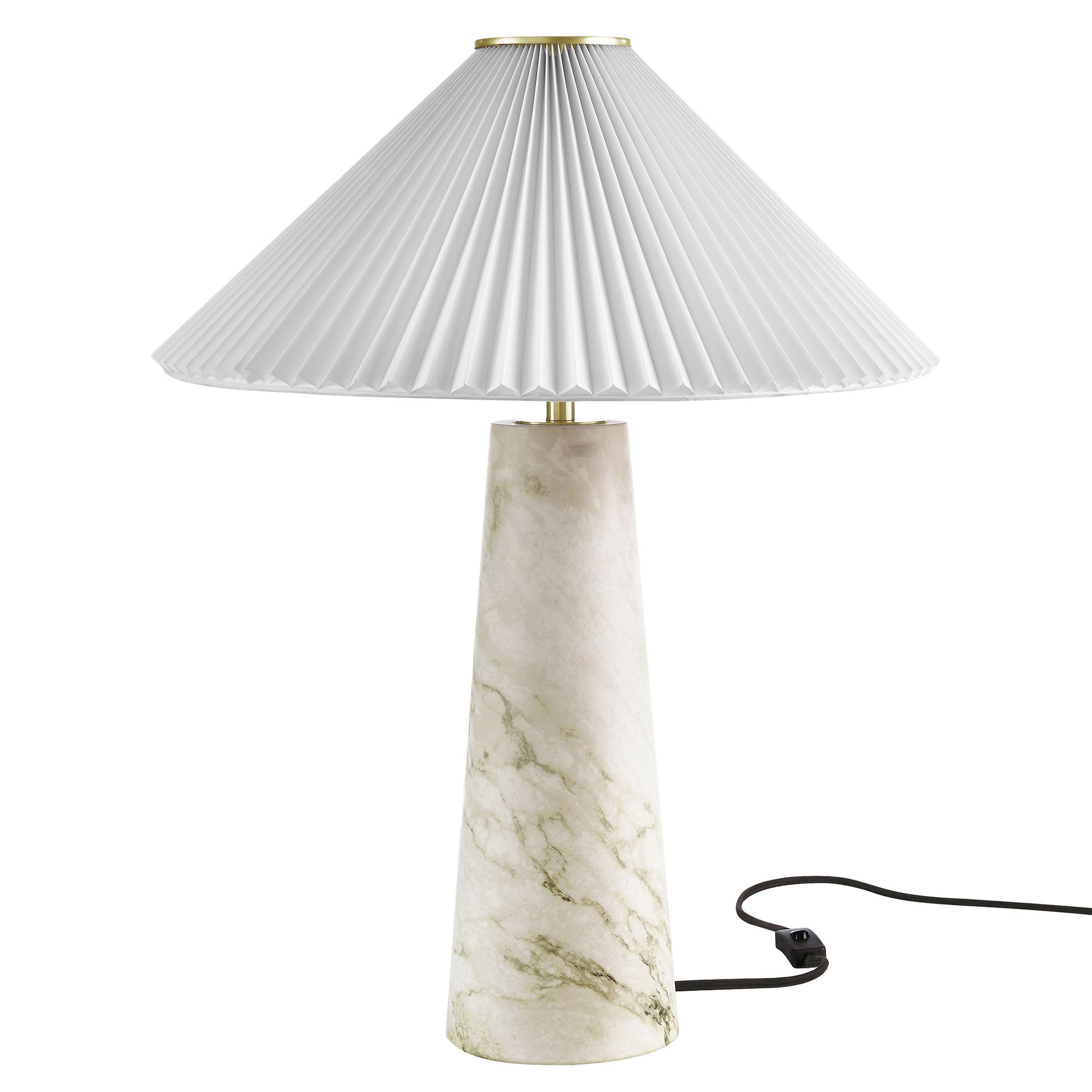 White marble tapered-base table lamp with cone-shaped pleated shade, brass accent, exposed cord.