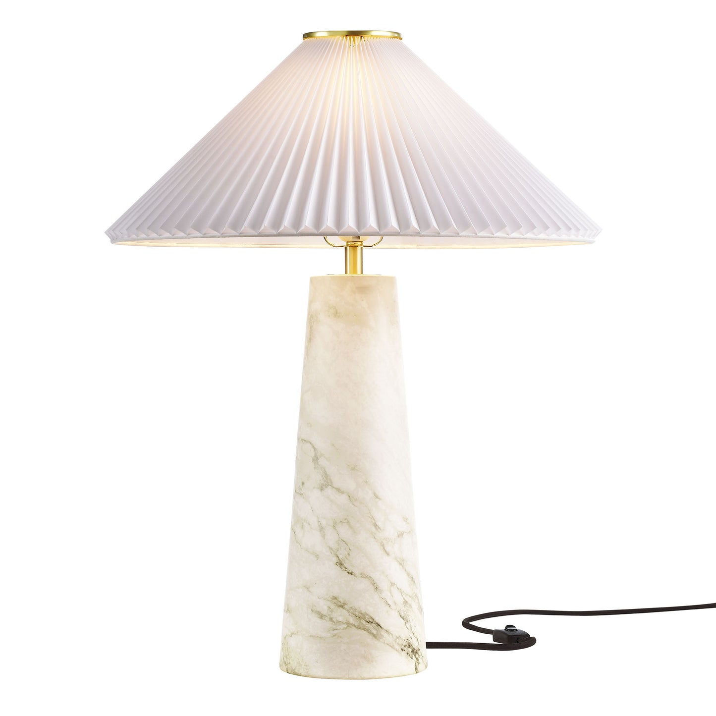 White pleated cone shade atop a marble-look tapered base with brass accents; decorative table lamp.