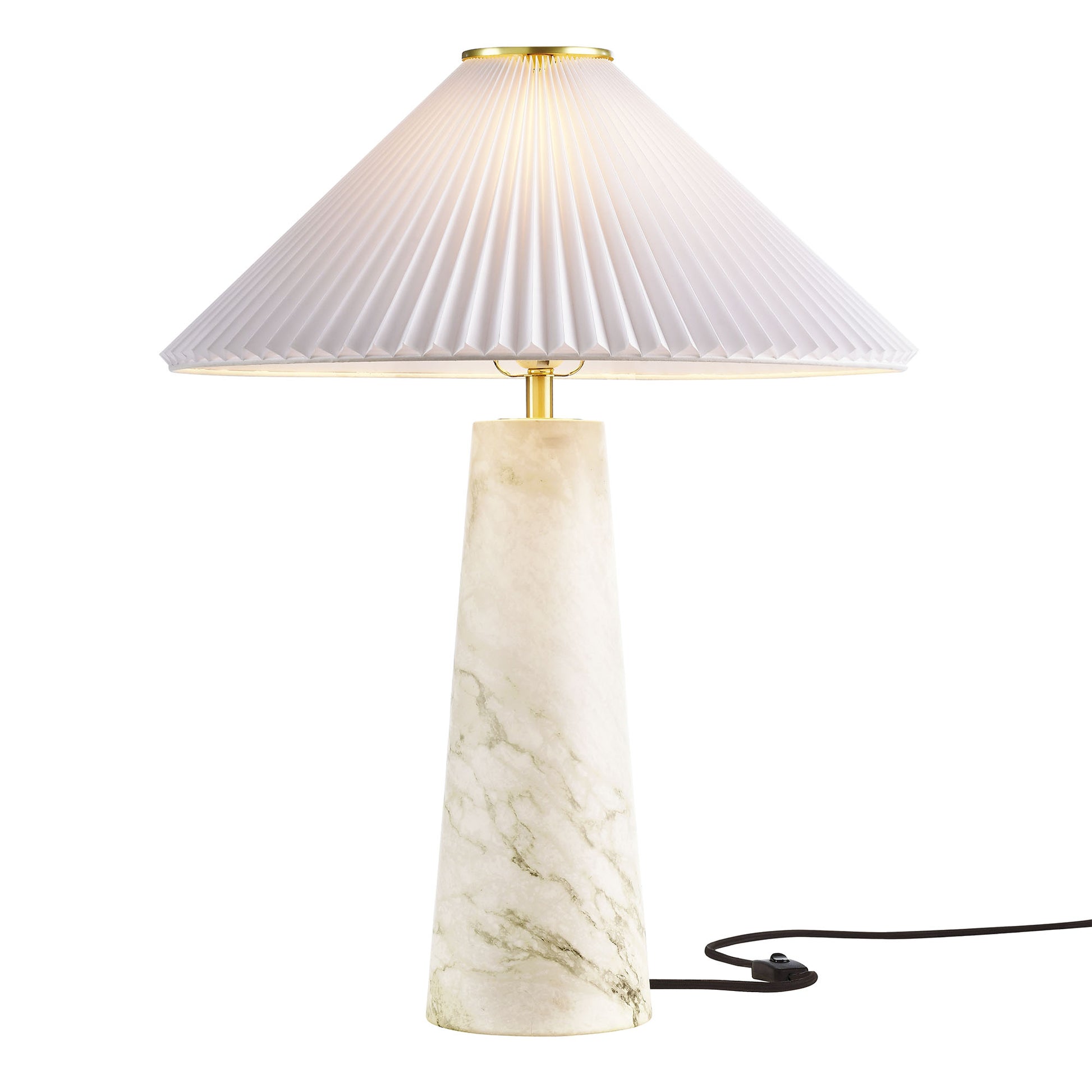 White pleated cone shade atop a marble-look tapered base with brass accents; decorative table lamp.