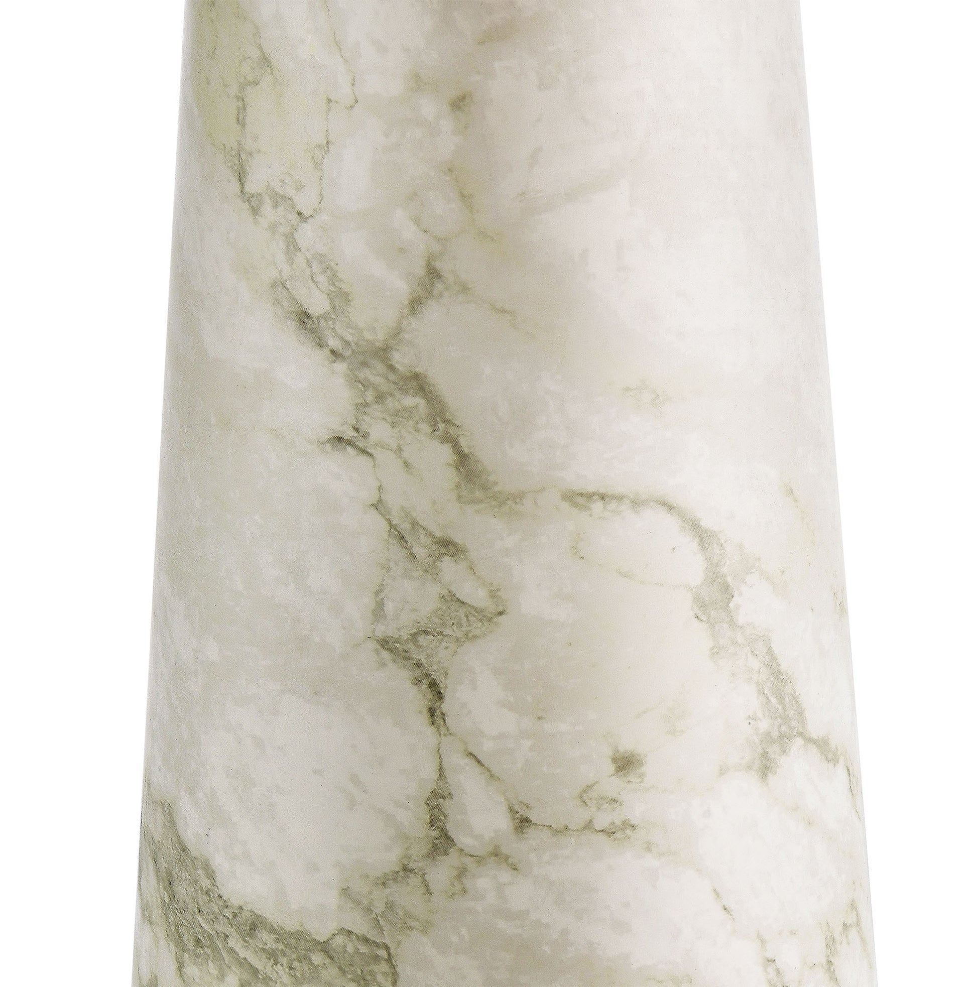 Cream marble with green veining on a tall tapered cylinder table lamp base; modern decor accent.
