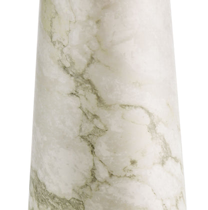 Cream marble with green veining on a tall tapered cylinder table lamp base; modern decor accent.