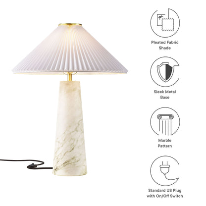 Marble-pattern table lamp with pleated white fabric shade, gold neck, slim marble base, black cord & US plug