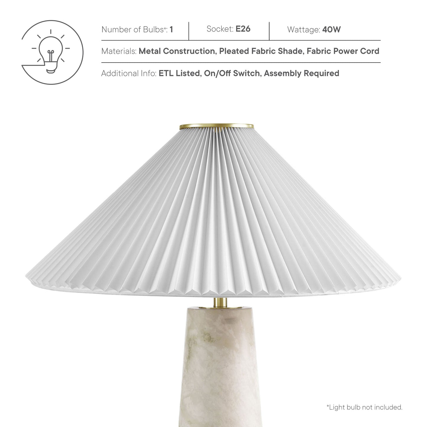 White pleated fabric conical lampshade on a marble cylindrical base with brass top cap; table lamp.