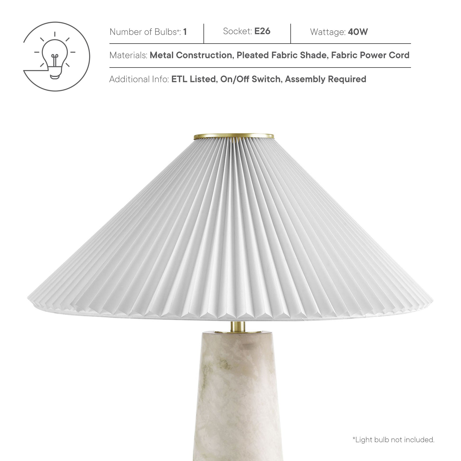 White pleated fabric conical lampshade on a marble cylindrical base with brass top cap; table lamp.