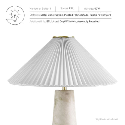 White pleated fabric conical lampshade on a marble cylindrical base with brass top cap; table lamp.