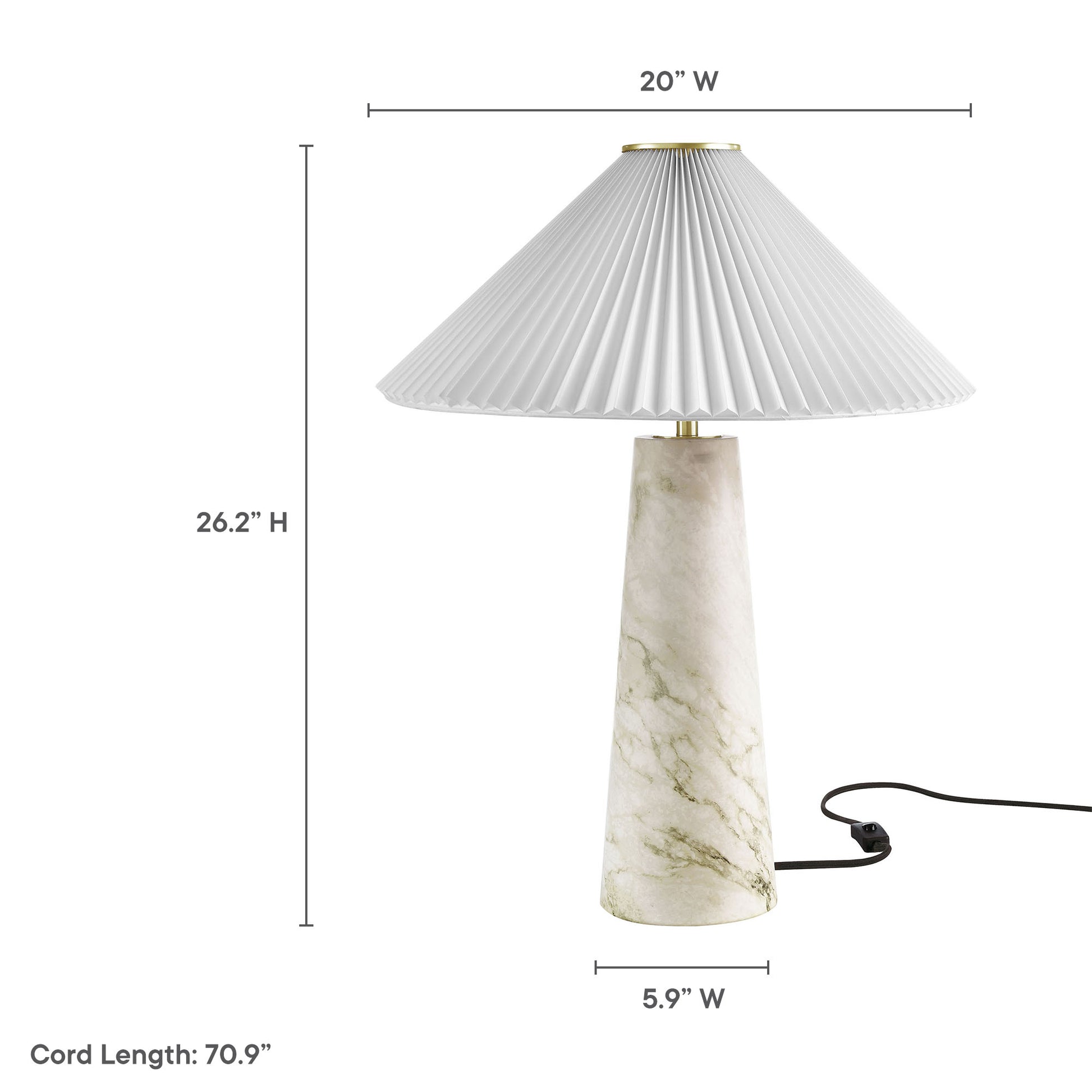 Marble-base table lamp with a pleated white shade and brass accents; shade 20" wide, overall height 26.2