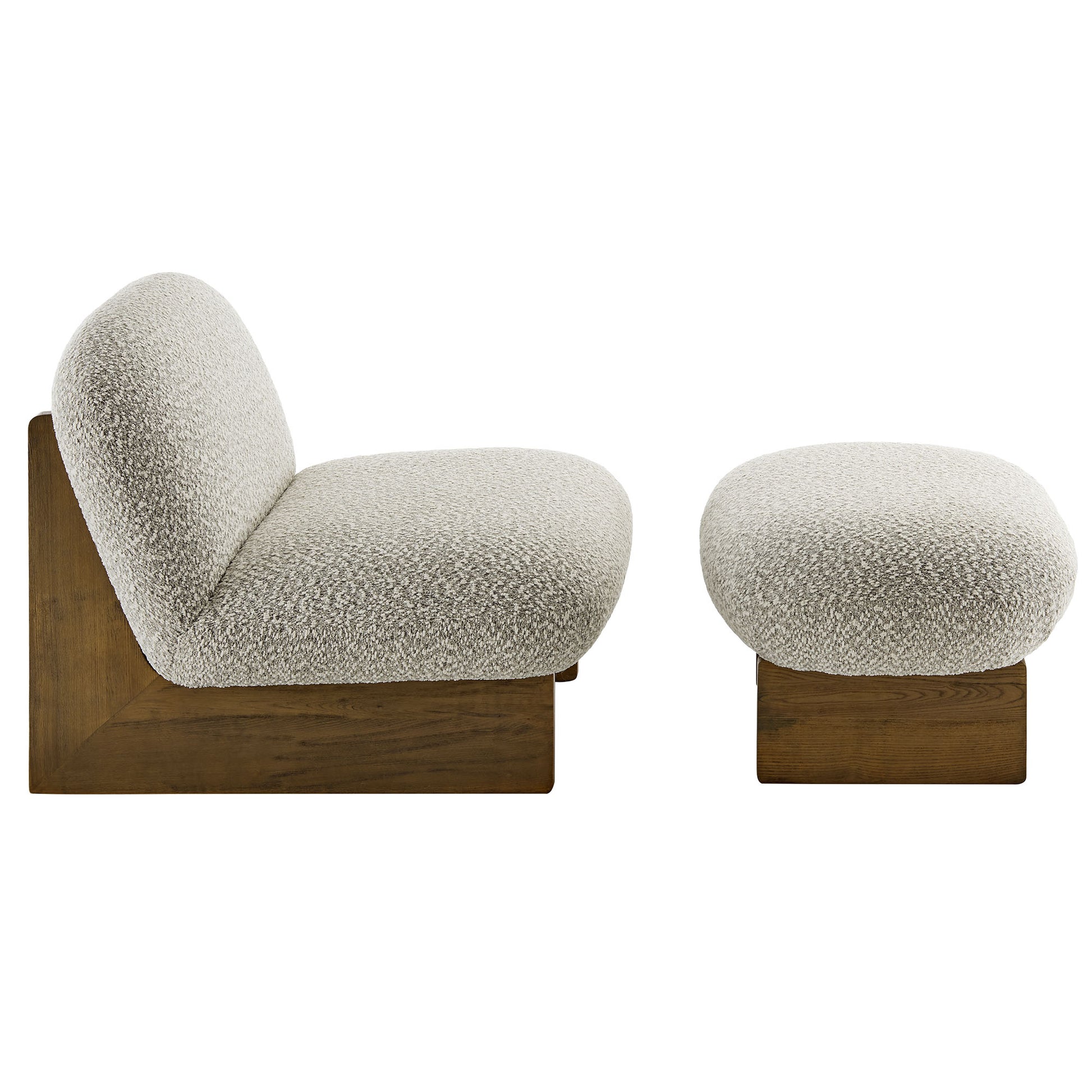 Beige boucle fabric accent chair and ottoman set on walnut wood base, mid-century modern.